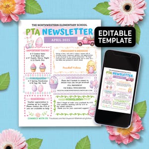 May include: A printable PTA newsletter template with an Easter theme. The newsletter features a pink and white truck, a chick, and a basket of eggs. The text on the newsletter includes "PTA Newsletter", "April 2025", "Important Dates", "Fundraisers", "President's Message", "Get Involved", "Reminders", and "School News".