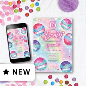 Invitation modifiable de fête d’anniversaire de bombe de bain, invitation de partie de fabrication de bombe de bain de savon, fête de bombe de bain, fête d’anniversaire de spa, lueur pastel 156HL