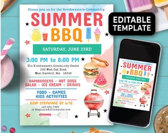 Editable Summer BBQ Flyer, Summer Cookout Flyer, Summer Picnic Flyer, Grill & Chill Backyard Party Flyer, Neighborhood Barbecue Flyer 281HL