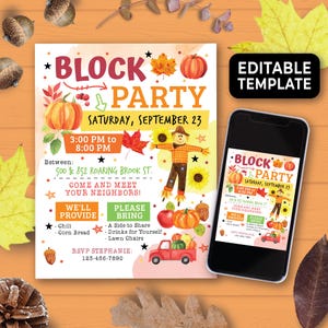 May include: A printable invitation for a fall block party. The invitation features a scarecrow, pumpkins, and a red truck. The text on the invitation reads "Block Party" and "Saturday, September 23".