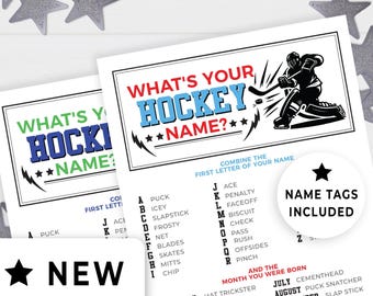 What's Your Hockey Name Game with Name Tags, Hockey Birthday Party Game, Ice Hockey Party Name Generator, Hockey Printable Game 250HL
