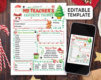 May include: Printable Christmas gift guide for teachers. The guide includes sections for favorite things, hobbies and interests, this or that, and where to spend gift cards. The guide is decorated with a Santa Claus, a gingerbread man, and a Christmas tree.