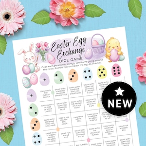 May include: A printable Easter egg exchange game with a bunny and chick illustration. The game board has a grid of 6 rows and 6 columns with instructions to swap eggs based on dice rolls. The game board has a pink, green, blue, and yellow color scheme.