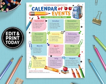 Editable PTO PTA Calendar of Events Flyer Template, School Events Flyer, PTA Newsletter  flyer, Monthly Calendar Template for School 178HL