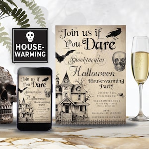 Editable Halloween Housewarming Party Invitation Template, Retro/Vintage Watercolor Skull Halloween Party Invite Adult 154HL