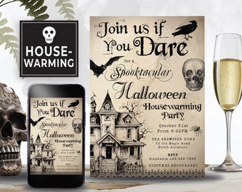 Bearbeitbare Halloween Housewarming Party Einladung Vorlage, Retro / Vintage Aquarell Schädel Halloween Party Invite Erwachsene 154HL