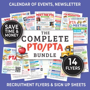 Editable PTO PTA Flyer Bundle Includes Newsletter, Volunteer Recruitment Drive Flyers, Calendar of Events & Membership Form Templates 287HL