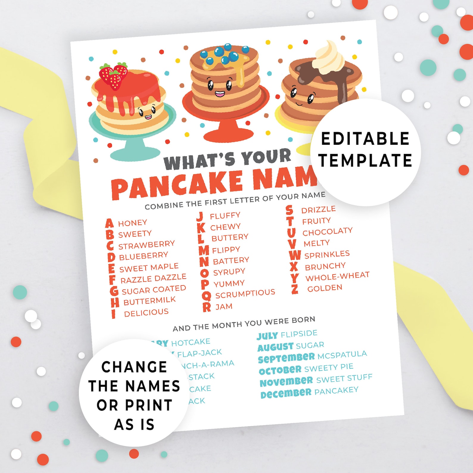 What's Your Pancake Name Party Game & Nametags Pancake Etsy