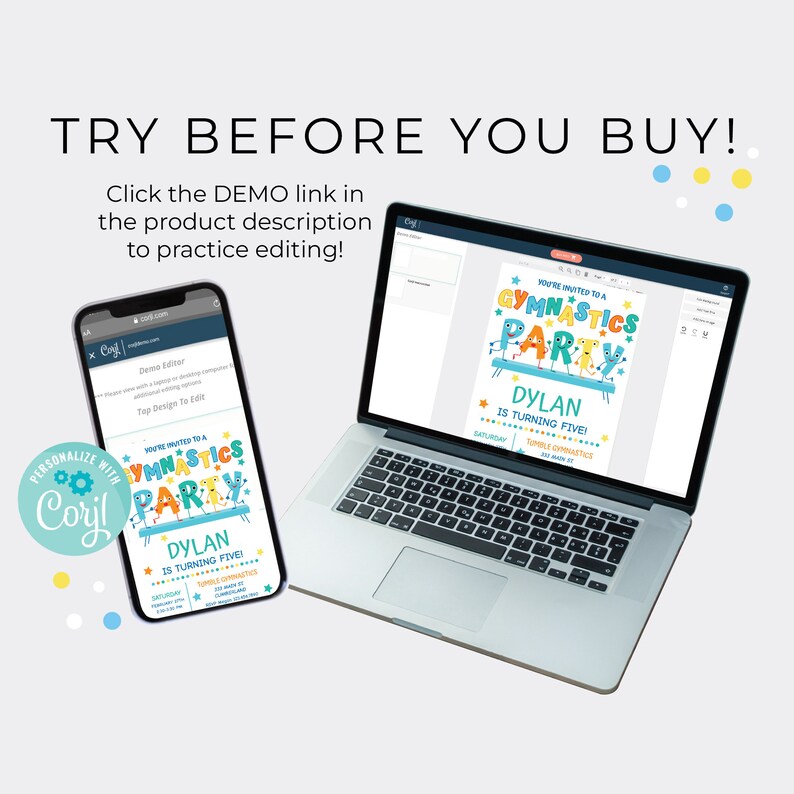 May include: A laptop computer screen displays a colorful digital invitation for a gymnastics party. The invitation features a blue, yellow, and orange gymnastics party theme with the text "You're Invited to a Gymnastics Party" and "Dylan is Turning Five".