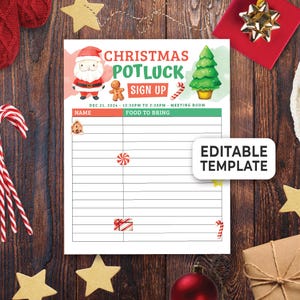 Puede incluir: Una hoja de inscripción para un potluck de Navidad imprimible con un fondo de acuarela rojo y verde. La hoja tiene una sección para los nombres y una sección para la comida que se debe traer. La hoja también tiene un hombre de jengibre, un bastón de caramelo y un árbol de Navidad.