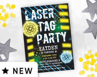 May include: A black and green laser tag party invitation with a neon yellow target graphic. The invitation says "Laser Tag Party" and includes the name "Kayden" and the text "is turning 8!"  The invitation also includes the date, time, and location of the party.