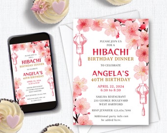 Editable Hibachi Birthday Dinner Invitation, Hibachi Party Invite, Hibachi Invitation, Hibachi Birthday Party Pink Blossom Woman Adult 171HL