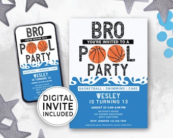 Editable Basketball Pool Party Invitation Boy, Mobile Text Basketball Birthday Pool Party, Teenage Swim Party, Bro Birthday Invitation 144HL