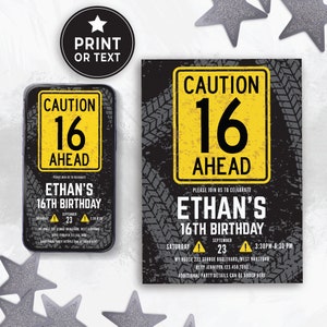 Pu&ograve; includere: Un invito di compleanno nero e giallo con un cartello di avvertimento che dice "Attenzione 16 avanti". L'invito &egrave; per il 16&deg; compleanno di Ethan e include la data, l'ora e il luogo della festa.