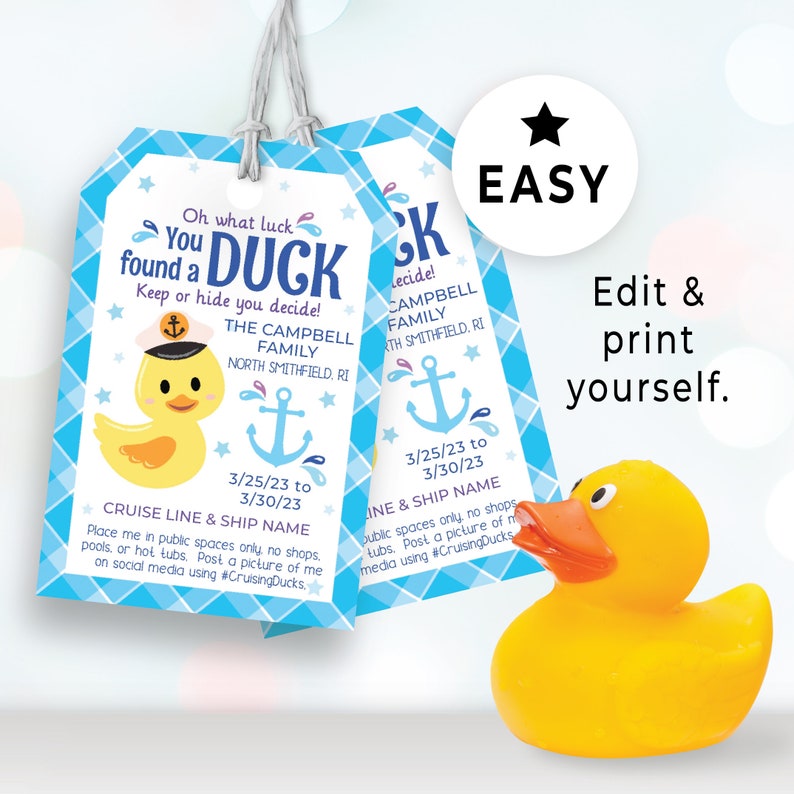 Editable Cruising Duck Tags, Printable Tags for Cruise Ship Ducks, DIY Custom Rubber Duck Card, You've Been Ducked Kids Game Printable 148HL image 3