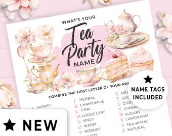 May include: A pink and white tea party name tag game with a watercolor illustration of teacups, teapot, cake, and cupcakes. The game instructs players to combine the first letter of their name with the first letter of the month they were born to create a tea party name.  Name tags are included.