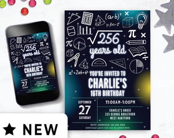 Editable 16th Birthday Invitation for Boy Digital Download, Party Idea for 16 Year Old Guy, 256 Square Root Invite Template For Him 260HL