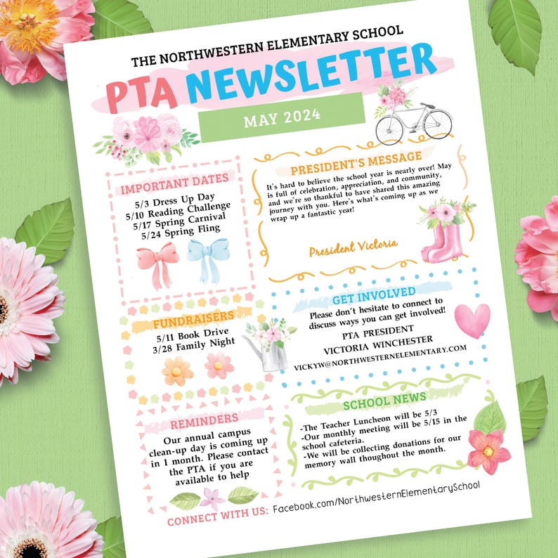 Editable PTO PTA May Newsletter Template, Spring Themed Volunteer ...