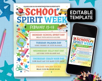 Editable School Spirit Week Flyer, School Spirit Week Itinerary Flyer, Inclusion Schedule, Dress Up Day Template 243HL