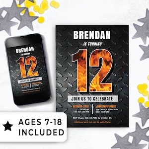 Editable 12th Birthday Invitation Tween Boy Digital Download, 12 Year Old Birthday Party Idea, Fire Theme for Him, Instant Template 138HL