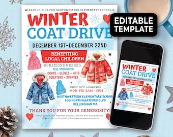 Editable Winter Coat Drive Flyer, Winter Clothing Drive Flyer, Winter Fundraiser, School Coat Giving Flyer, Clothing Donation Flyer 215HL