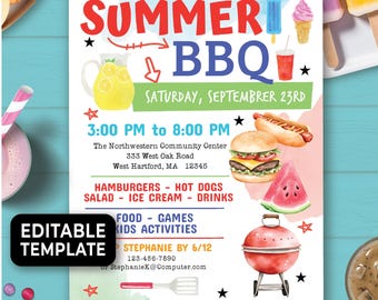 Editable Summer BBQ Flyer, Summer Cookout Flyer, Summer Picnic Flyer, Grill & Chill Backyard Party Flyer, Neighborhood Barbecue Flyer 281HL