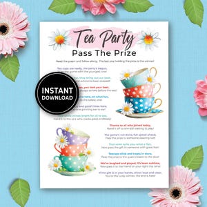 May include: A printable tea party game with the title "Tea Party Pass The Prize" and instructions. The design features watercolor illustrations of stacked teacups in various colors, adorned with daisies, and the words "Instant Download".