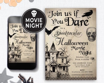 Bearbeitbare Halloween Movie Night Party Einladung, Retro / Vintage Aquarell Schädel Halloween Party Laden Erwachsene oder Teen 154HL ein
