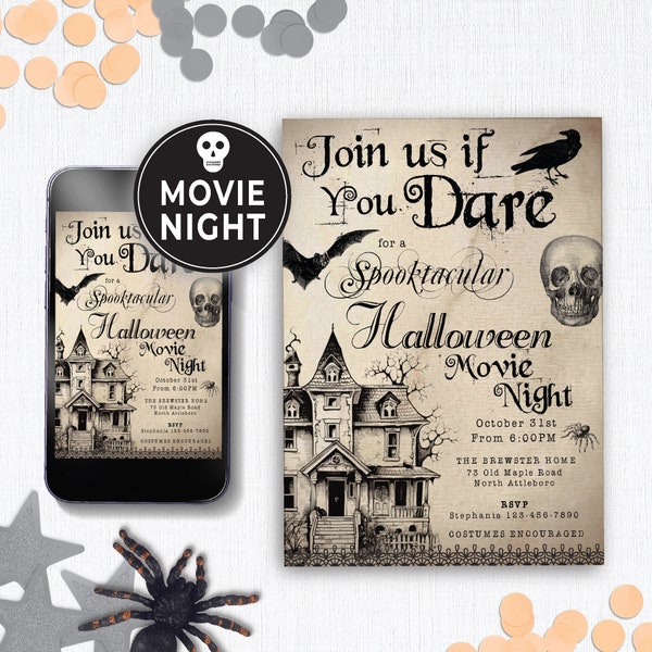 Editable Halloween Movie Night Party Invitation, Retro/Vintage Watercolor Skull Halloween Party Invite Adult or Teen 154HL