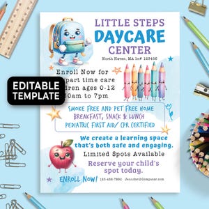 Editable Childcare Flyer Template, Family Daycare Business Flyer Template, Preschool Form, Home Daycare Provider Enrollment Template  289HL