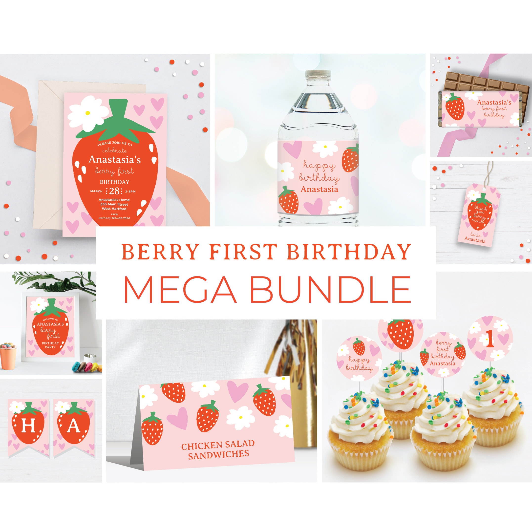 Editable Mega Bundle Berry First Birthday Party Printable Template, 1st ...