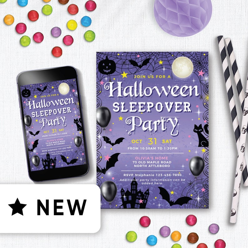 Editable Halloween Sleepover Invitations Girls, Children's Halloween