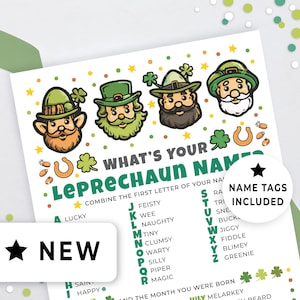 What&#39;s Your Leprechaun Name Game with Name Tags, St Patrick&#39;s Day Activity Page, Office, Party Game, Name Generator Kids Printable 165HL