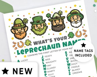 What's Your Leprechaun Name Game with Name Tags, St Patrick's Day Activity Page, Office, Party Game, Name Generator Kids Printable 165HL