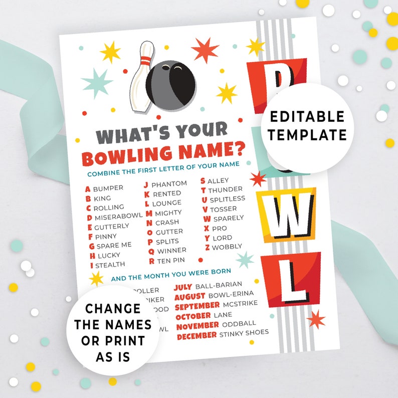 What's Your Bowling Name Party Game With Nametags Bowling Etsy