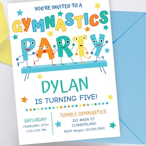 May include: A colorful invitation for a gymnastics party for a boy named Dylan turning five. The invitation features a blue, yellow, green, red, and orange cartoon letters spelling out "PARTY" with legs and arms. The letters are standing on a blue gymnastics beam. The invitation includes the date, time, and location of the party.
