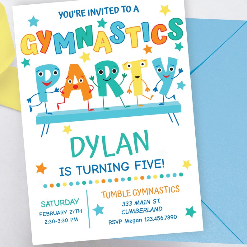 May include: A colorful invitation for a gymnastics party for a boy named Dylan turning five. The invitation features a blue, yellow, green, red, and orange cartoon letters spelling out "PARTY" with legs and arms. The letters are standing on a blue gymnastics beam. The invitation includes the date, time, and location of the party.