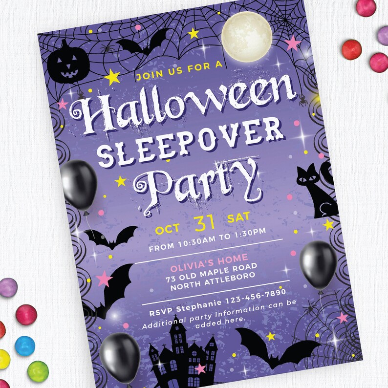 Editable Halloween Sleepover Invitations Girls, Children's Halloween