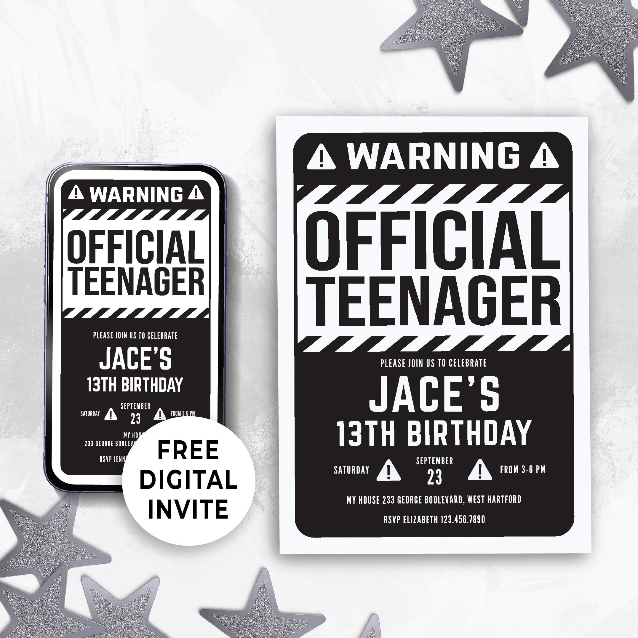 Editable Digital Birthday Invitation for 13th Birthday Boy, Party Idea for 13 Year Old, Warning Official Teenager Evite Template B&W 130HL