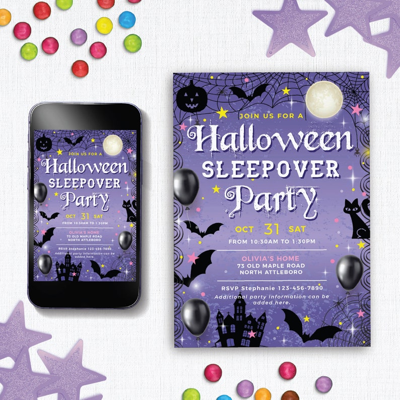 Editable Halloween Sleepover Invitations Girls, Children's Halloween