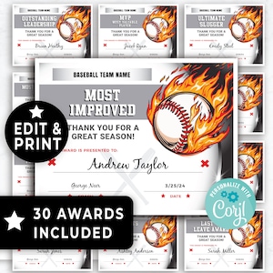 Baseball Awards druckbar, Saisonende / Jahresende Baseball Team Award Zertifikate bearbeitbare Vorlage, Sport Baseball Award Template Bundle 169HL