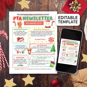 Editable PTO PTA Christmas Newsletter Template, December Fall Newsletter, Volunteer Events Monthly/Weekly School Newsletter Flyer 206HL