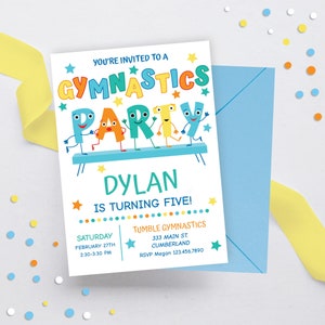 May include: A blue and white invitation for a gymnastics party. The invitation features a cartoon image of the letters "GYMNASTICS PARTY" with each letter having a face and arms and legs. The invitation is for Dylan's 5th birthday party. The party will be held at Tumble Gymnastics, 333 Main St., Cumberland. The RSVP number is 123.456.7890.