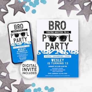 Editable Birthday Pool Party Invitation Boy, Teenage Pool Party, Backyard BBQ Invite Idea, Bro Birthday Invitation, Downloadable 144HL image 1