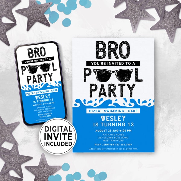 Editable Birthday Pool Party Invitation Boy, Teenage Pool Party, Backyard BBQ Invite Idea, Bro Birthday Invitation, Downloadable 144HL