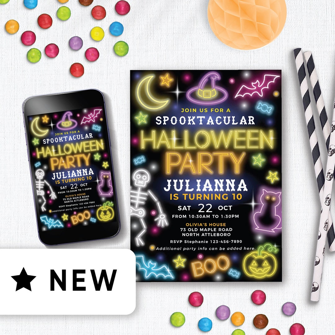 Editable Neon Halloween Birthday Invite Printable, Children's Halloween ...