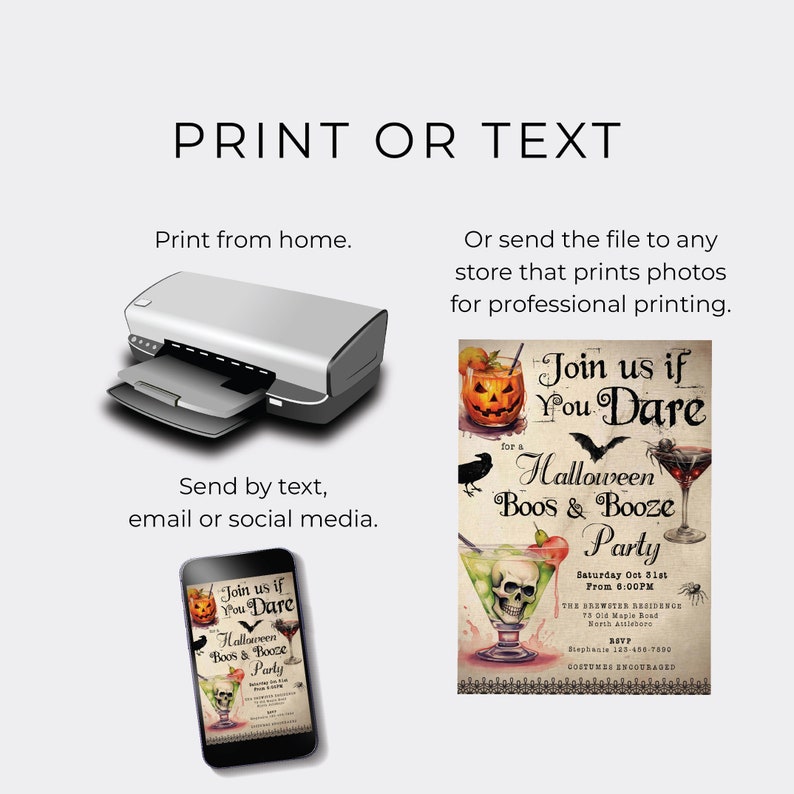 May include: A Halloween party invitation with a vintage aesthetic. The invitation features a skull and crossbones, a martini glass, and a jack-o-lantern. The text reads "Join us if you dare for a Halloween Boos & Booze Party".