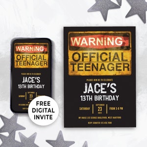 Bearbeitbare digitale Geburtstagseinladung für Jungen zum 13. Geburtstag, Party-Idee für den 13-jährigen Jungen, Warnung, offizielle Teenager Evite-Vorlage 130HL
