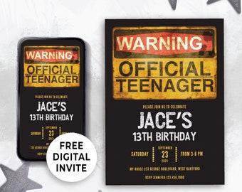 Editable Digital Birthday Invitation for 13th Birthday Boy, Party Idea for 13 Year Old Boy, Warning Official Teenager Evite Template 130HL