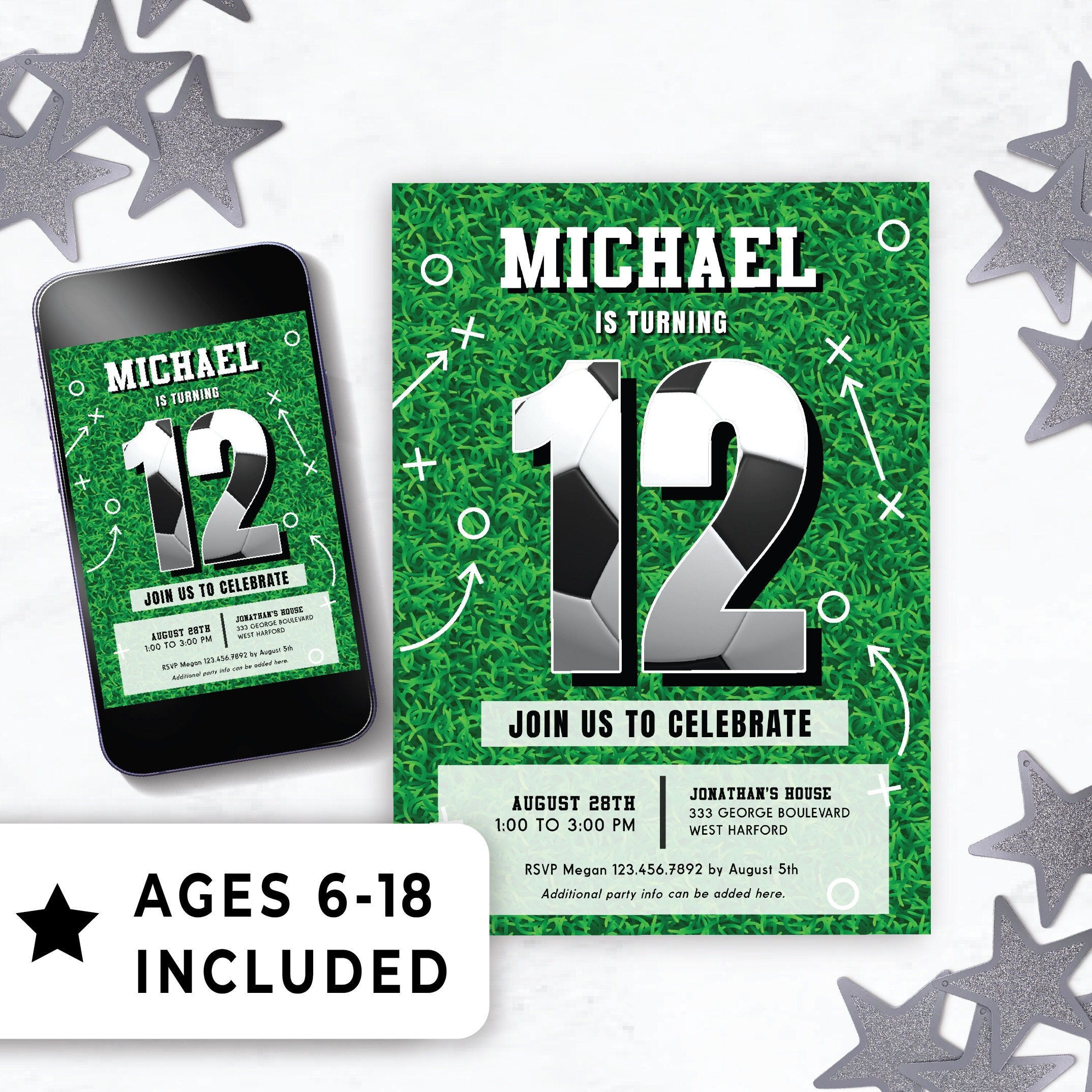 Editable 12th Birthday Invitation Tween Boy Digital Download, 12 Year Old Birthday Party Idea, Soccer Theme Game Sport Template 138HL
